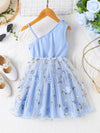 Charming Light Blue Girls' Dress with Ruffle Detail - One-Shoulder, Embroidered Floral Mesh Overlay Dress FD6108H