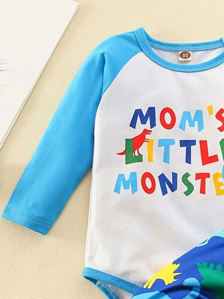 Boys' 3pcs Set: 'Mom's Little Monster' Long Sleeve Onesie, Dinosaur Print Pants & Stylish Hat - Perfect for Spring/Fall BS6044