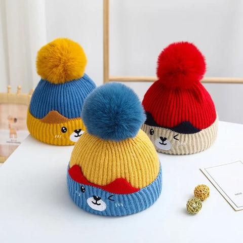 Blue & Yellow Baby Winter Cute Pompom Bear Knitted Woolen Warm Cap CP5075D