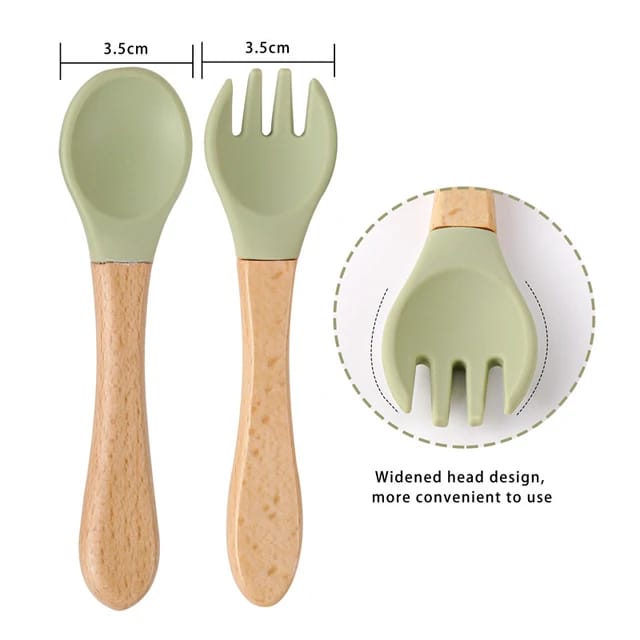 Green Baby Spoon Fork 2 Pc Set Children's Silicone Wooden Feeding Training Set FS105C