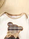 Newborn Boy's Clothes Long Sleeve Triangle Ha Clothes + Plaid Diaper Pants + Hat Three-piece Pants Set Bear Plaid Embroidery Pattern with Bow Small Bow Tie Decoration Cute Casual Comfortable Romper BS6105G