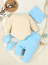 Cute Cartoon Bear Print Baby Set with Long Sleeves, High-Waisted Pants, Hat, and Gloves - Knitted Fabric, Polyester and Spandex Blend, All-Season BS6098B