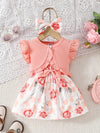 Charming Girls' Summer Ensemble: Sleeveless Floral Print Dress with Ruffle Sleeves & Bow Headband, Perfect for Outdoor FD6109A