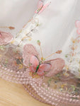 2pcs Pink Short Sleeve Round Neck Ruffle Textured Fabric + Butterfly Embroidery Mesh Skirt FD6121D