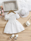 Girls' White New Summer Bubble Sleeve Plain Color Dress with Cute Hat Two-piece Set Princess Dress FD6111F