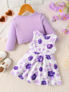 Girls' 2pcs Spring/Fall Outfit Set, Casual Crew Neck Long Sleeve Top with Solid Color Block & Floral Printed Skirt FD6146F