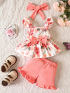 3pcs Baby Girls Cute Floral Graphic Print Bowknot Ruffle Trim Camisole Top & Shorts & Headband Set Clothes FD6091F