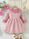 Adorable Girls' Pastel Pink Fluffy Collared Dress - Sweet & Cute, Stretchy Polyester Blend, Perfect for Spring/Fall, Casual Style with Ribbon Detail, Girls Dress FD6127C