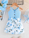 Girls' Summer Floral Print Sleeveless Bodysuit with Off-Shoulder Design and Belt, Cotton 95% Elastane 5% Knit Fabric, Casual Weekend Wear, Bermuda Hem, Regular Fit for Kids, for Outdoor FD6124I