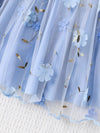 Charming Light Blue Girls' Dress with Ruffle Detail - One-Shoulder, Embroidered Floral Mesh Overlay Dress FD6108H