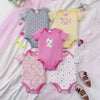 5pcs Baby's Comfy Cotton Triangle Bodysuit, Flower & Polka Dots Pattern & Embroidery Casual Short Sleeve Romper, Toddler & Infant Girl's Outdoor Clothes For Summer, As Gift BS6098H